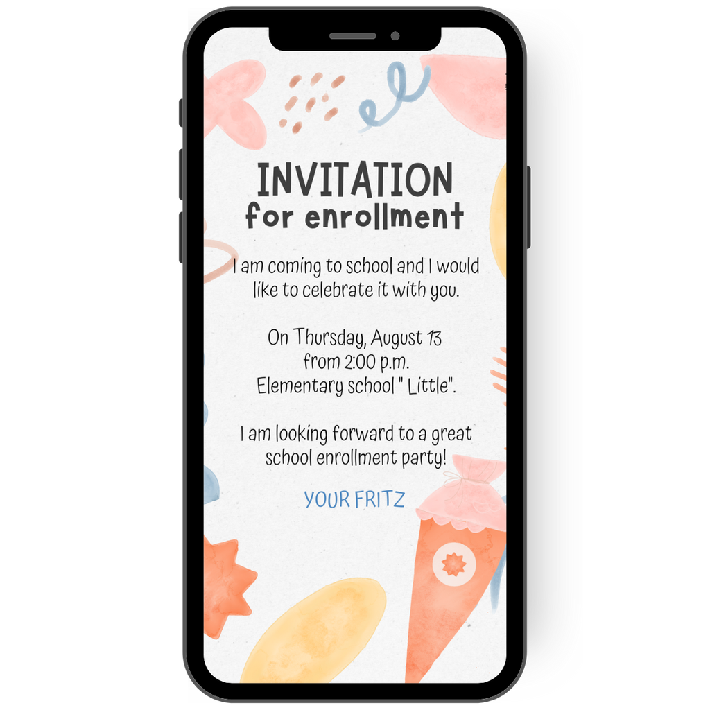 eCard - School enrolment party - Invitation card - First class - Pastel shades - Bright colors - School cone - Finally school - School enrolment