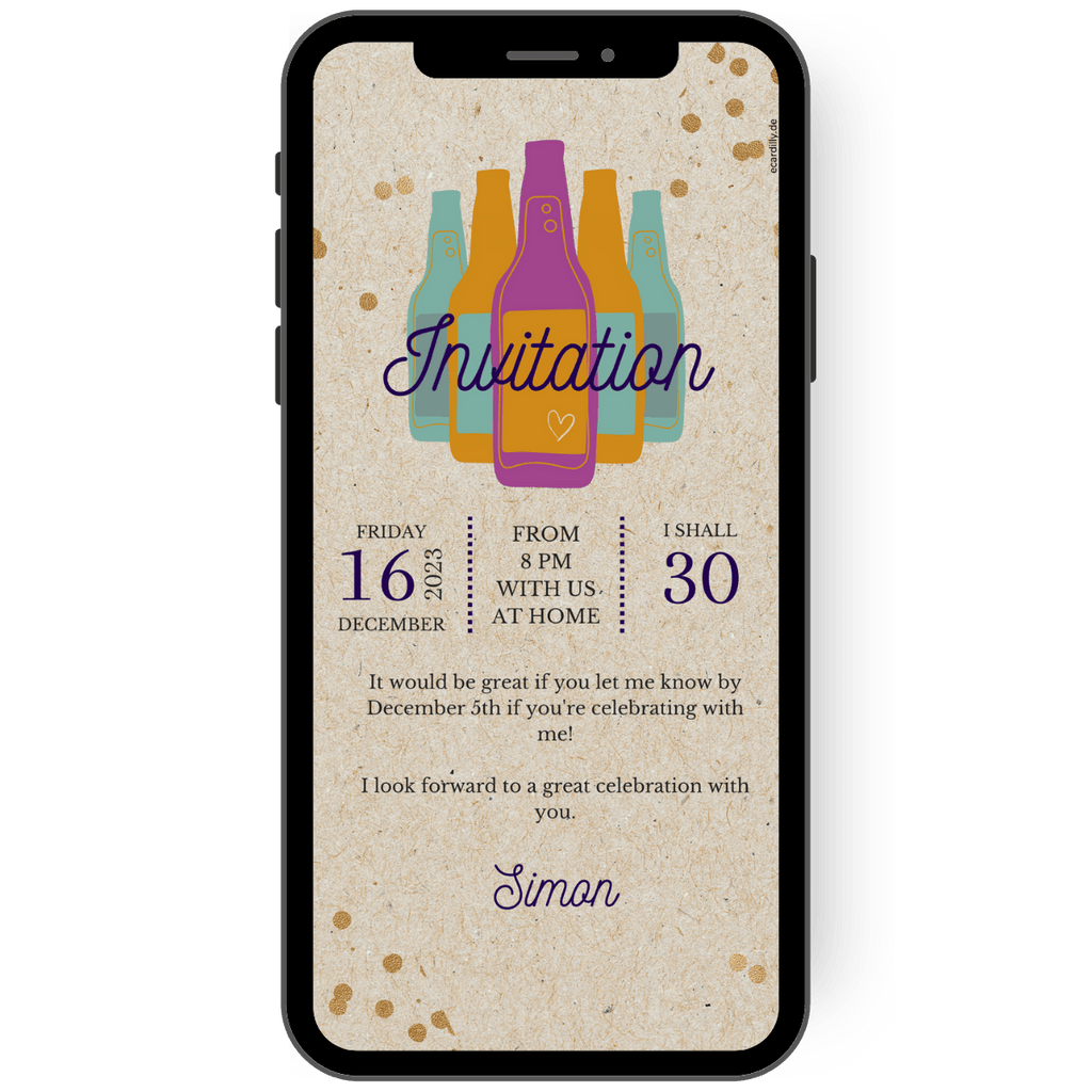Invitation to your birthday - Beer bottles - Kraft paper - Colorblock - Purple, green and orange - eCard 