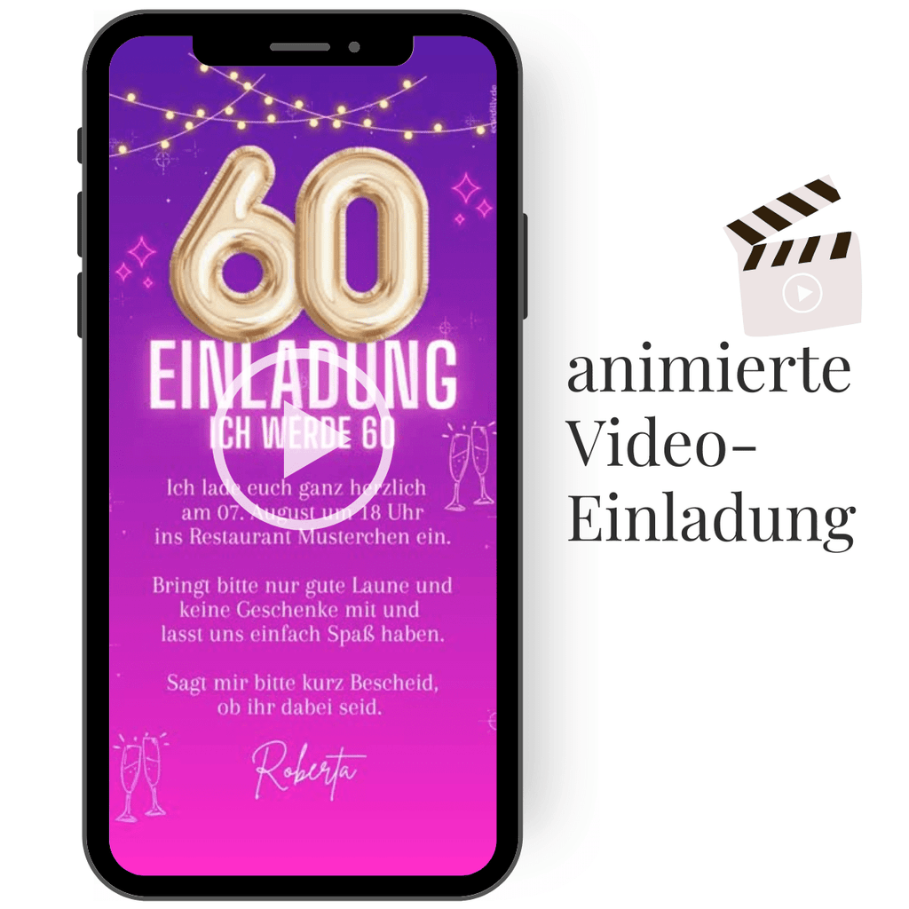 Geburtstag Animierte Einladungskarte zum 60 mit einer Zahl in pink