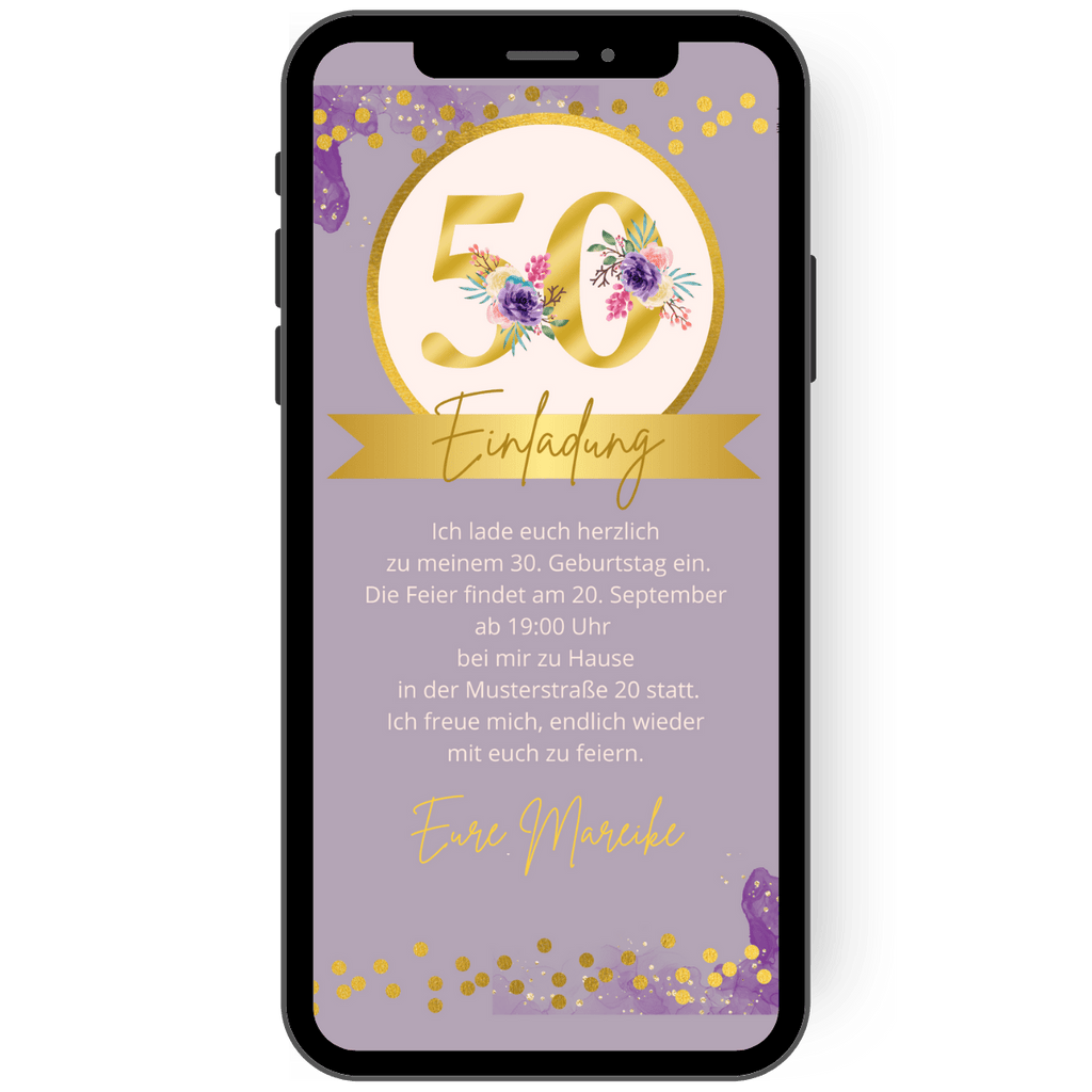 Lila Hintergrund mit goldener 50 und Blumenranken laden zum 50. Geburtstag ein