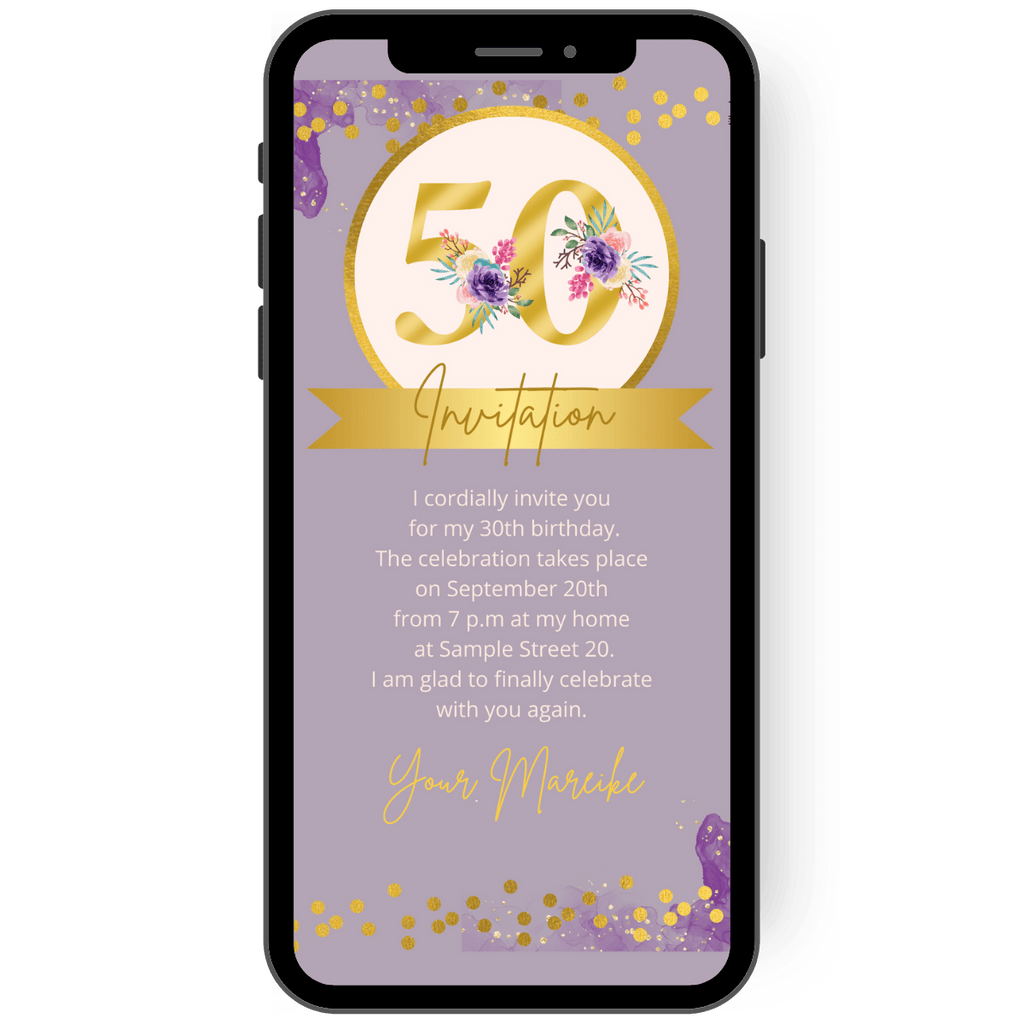 Purple background with golden 50 and flower tendrils invite you to celebrate your 50th birthday