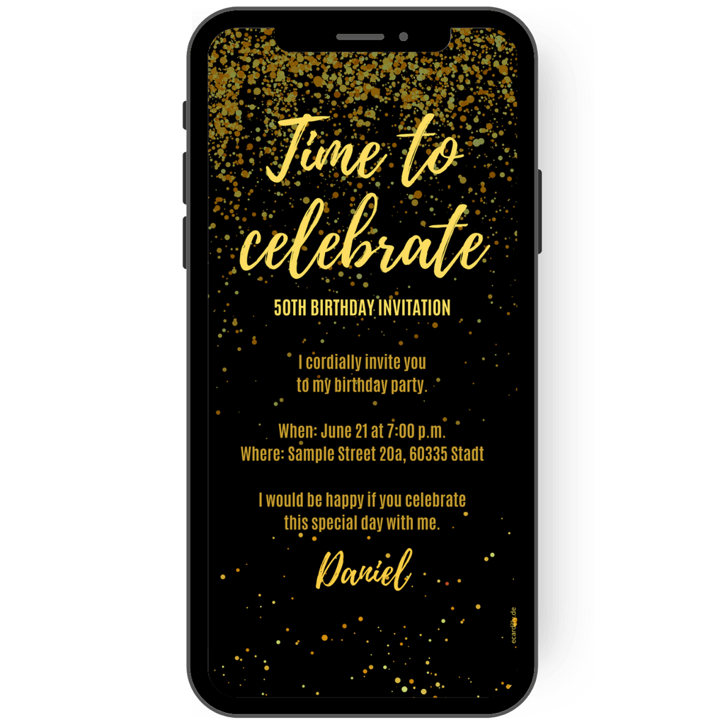 Celebrate special occasions in style! Our digital invitation card as an eCard enchants with an elegant black background and sparkling confetti dots in gold. de