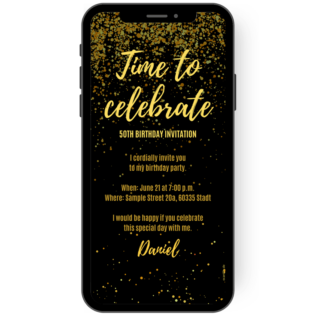 Celebrate special occasions in style! Our digital invitation card as an eCard enchants with an elegant black background and sparkling confetti dots in gold. de