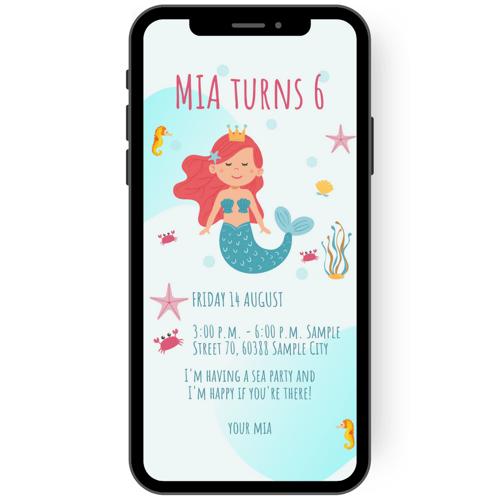 Invitation to a mermaid party: A mermaid swims among starfish, seaweed and seahorses in a blue sea. All the important information about the birthday party can also be found on the invitation