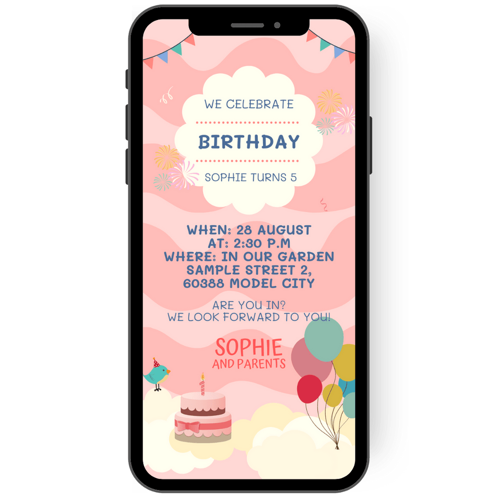 Lots of pastel colors - and even more pink are the colors on this invitation card for a child's birthday. A cake, a birthday garland and a bunch of colorful balloons frame the personalized invitation text on this digital eCard. A single invitation card is enough for all guests, sent via cell phone