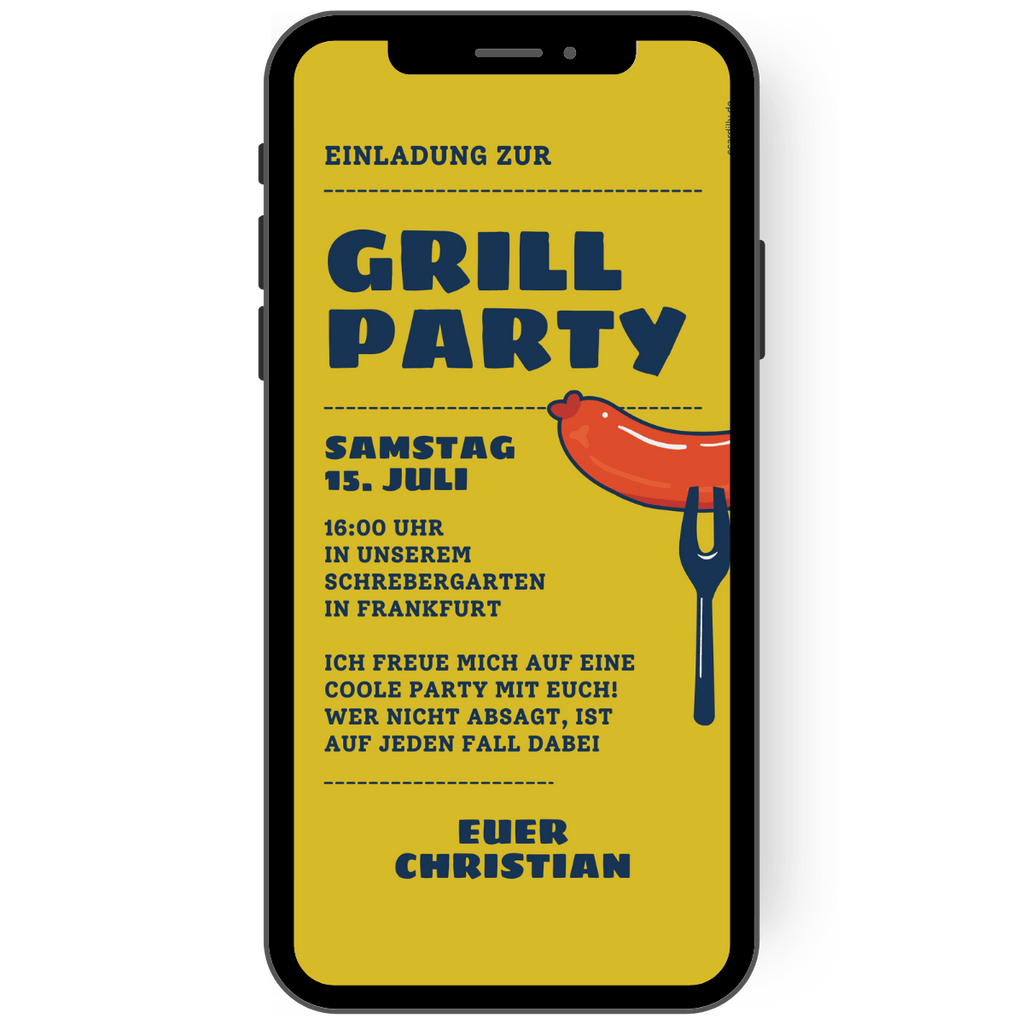 Einladungskarte zu Grillparty in senfgelb mit Wurst und Grillgut um einfach und digital mit dem Smartphone einladen.