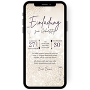 Einladungskarte mit Glitter und Glanz zum Geburtstag. Mit dieser digitalen Einladungskarte kannst du papierlos zur Geburtstagsparty einladen.