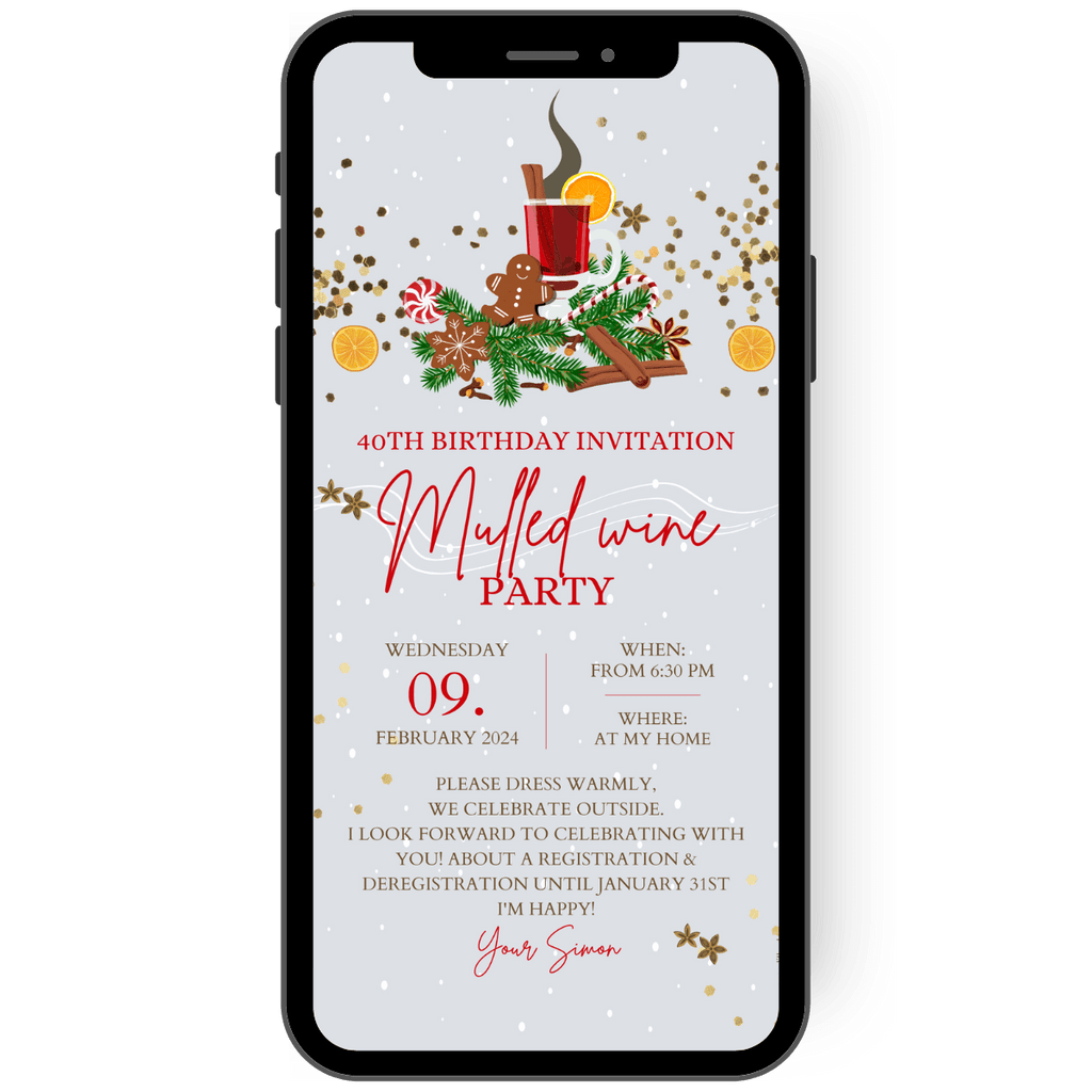 Great invitation for mulled wine and punch. Digital winter invitation card in gray with mulled wine, oranges, candy canes and gingerbread. en