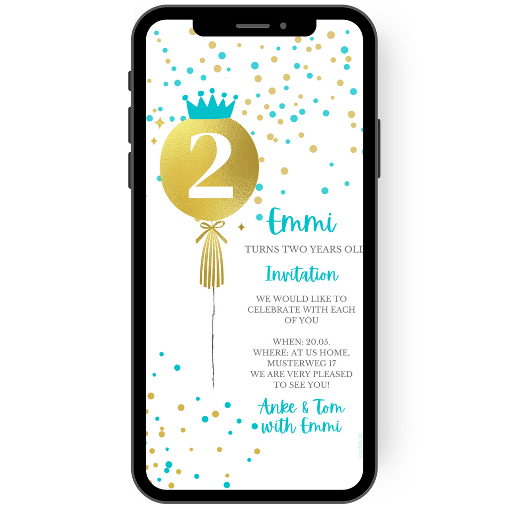 Digital invitation card as an eCard with golden balloon and confetti in gold and turquoise. With this invitation card, you can send paperless invitations to a child's birthday party.