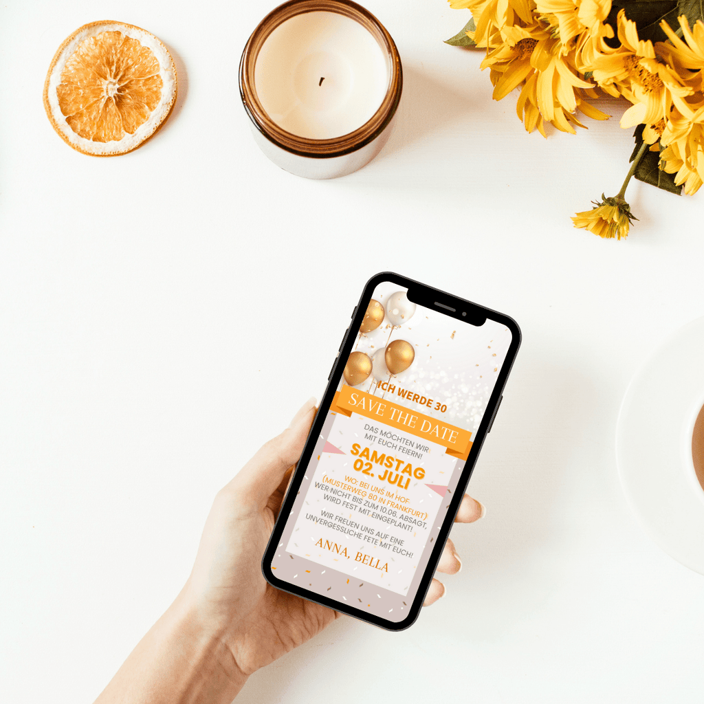 Digitale Einladungskarte mit Ballons in  orange und gold. Ich werde 30 - zu dieser Party, zu diesem Event kannst du einfach und schnell mit einer eCard als Einladungskarte einladen. Versende über whatsapp oder andere Messenger deine Einladungskarte.