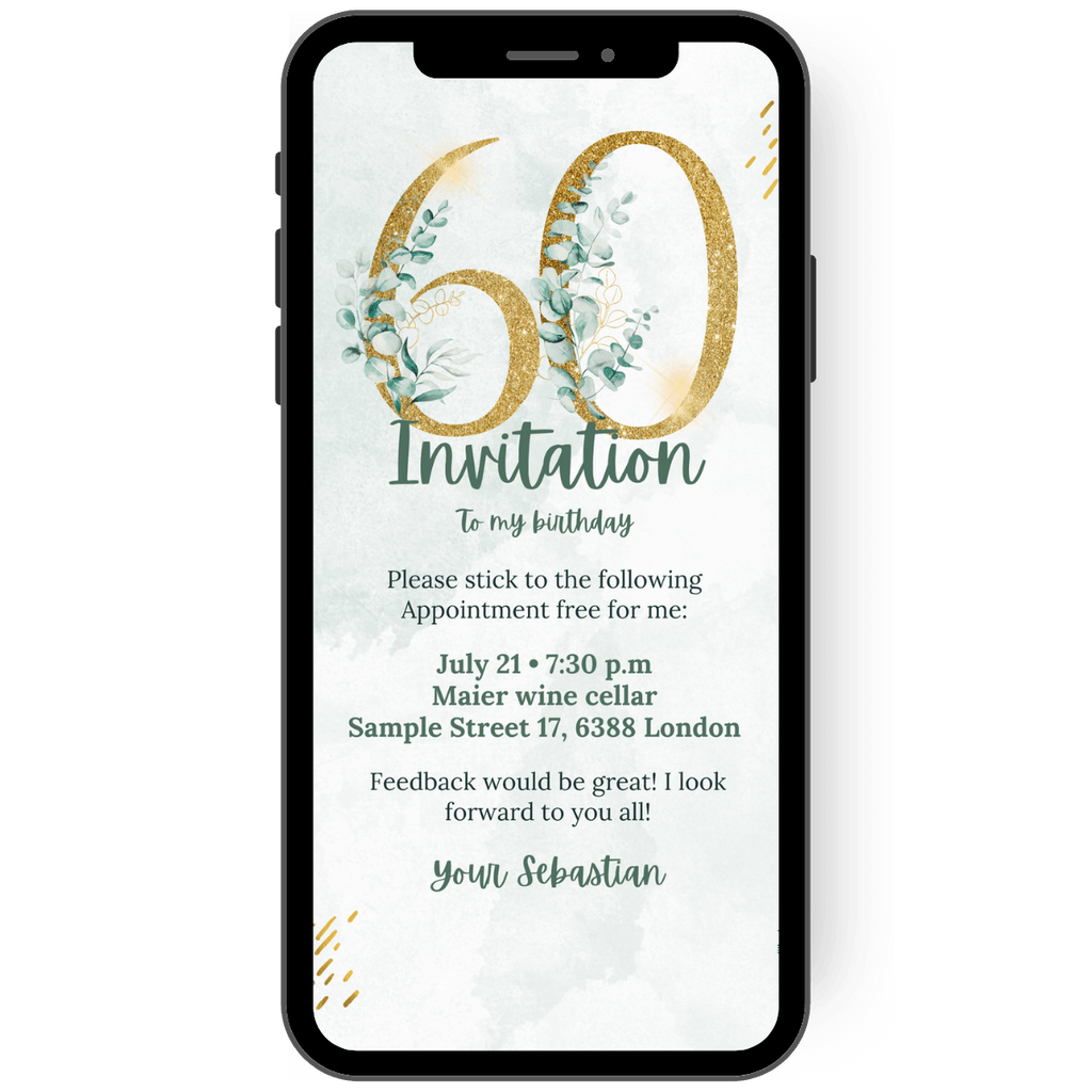 Great invitation card with a light green background and a golden number 60.