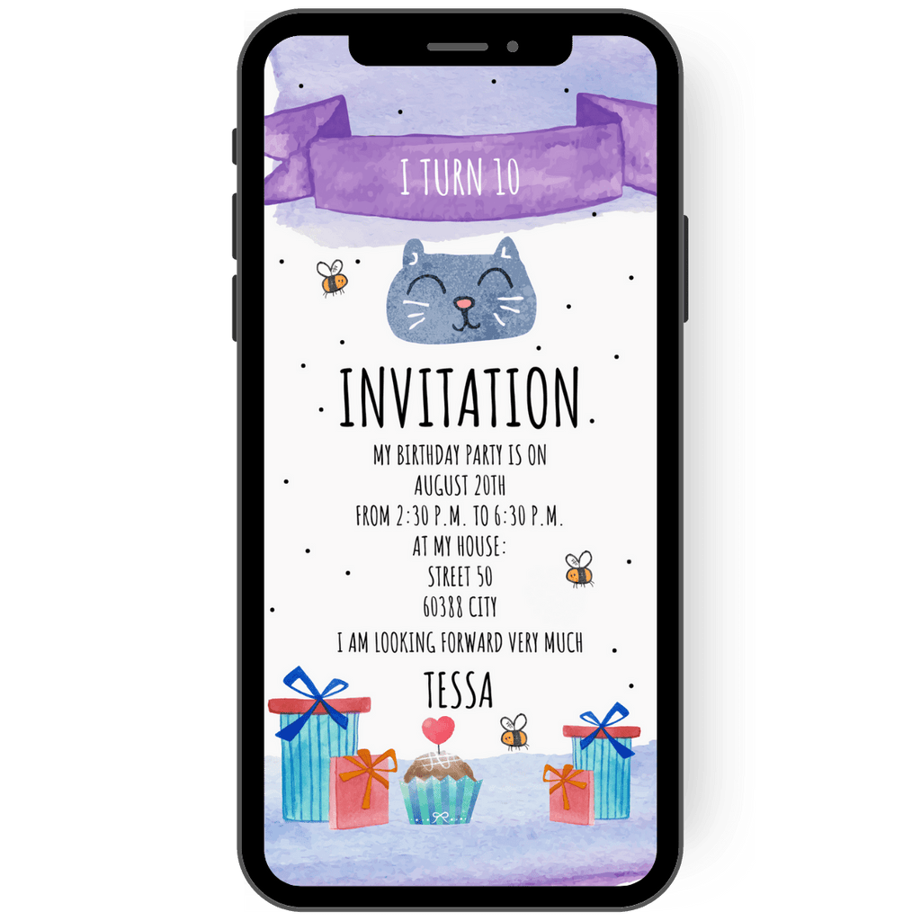 Children's birthday invitation card. Card with a cute cat and little bees. Small gifts and a cupcake can be seen at the bottom. The eCard is in blue and purple colors.