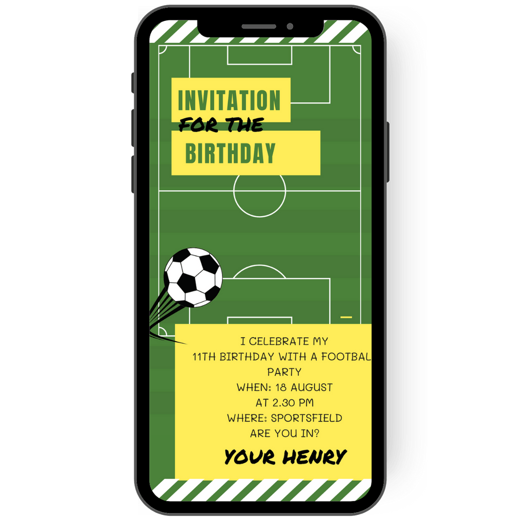 Invitation to the motto - Birthday for soccer fans: A green soccer field with lines and a black and white soccer quickly shows all guests what this is all about. Invite guests via eCard, mobile, postage-free and with little effort