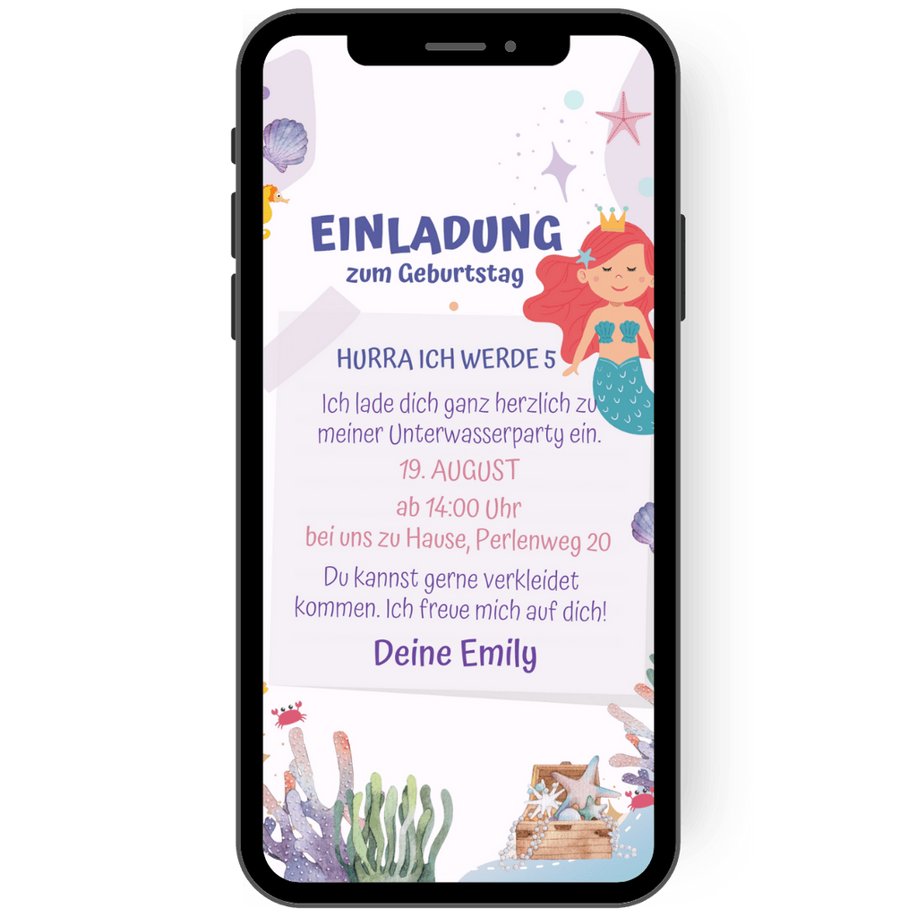 Einladung zu deiner Meerprinzessinnen-Party - eCard - Meerjungfrau - Meer - Muschel - Krebs - Geburtstagseinladung - WhatsApp - Kindergeburtstag