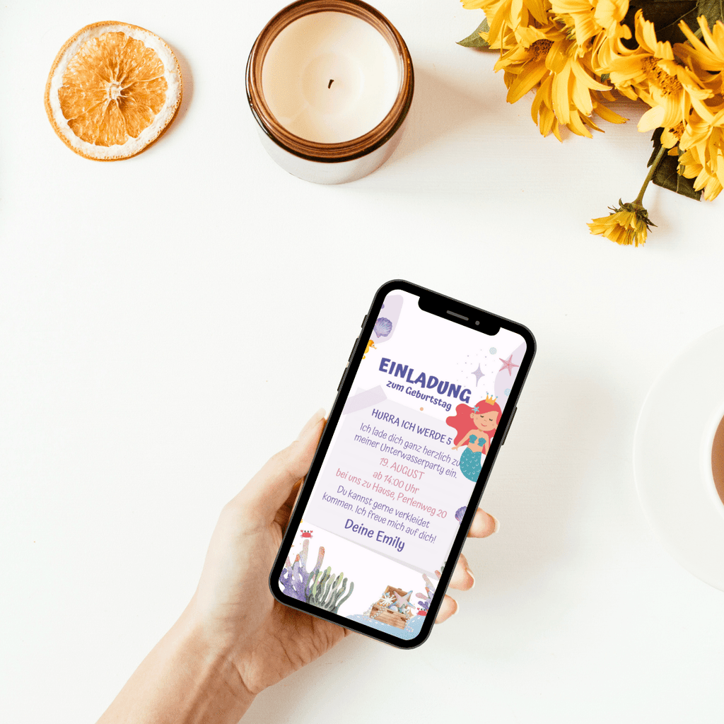 Einladung zu deiner Meerprinzessinnen-Party - eCard - Meerjungfrau - Meer - Muschel - Krebs - Geburtstagseinladung - WhatsApp - Kindergeburtstag