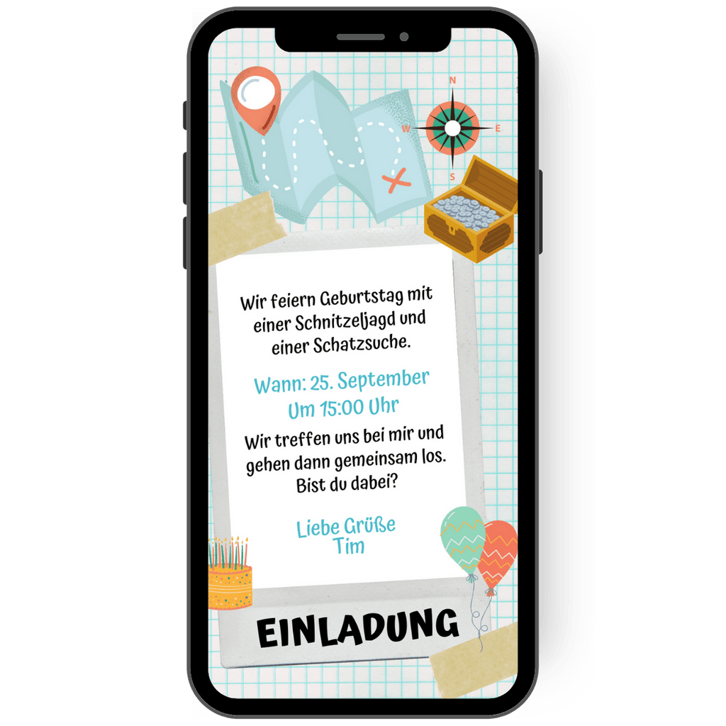 Digitale Einladungskarte als eCard mit der du ganz einfach zum Kindergeburtstag einladen kannst. Diese Karte mit Schatzinsel, Schatzkiste, Wegweiser, Kompass, Luftballons und Torte lädt herzlich zum Kindergeburtstag ein.