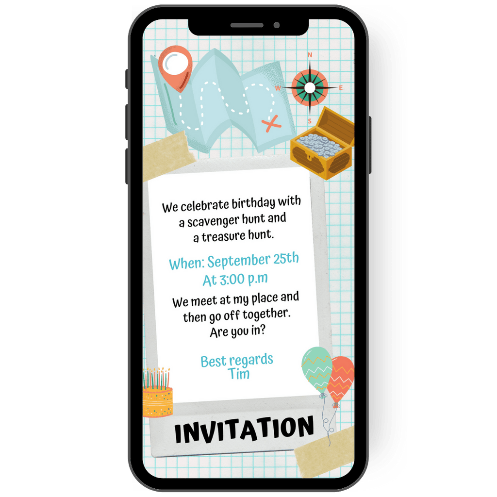 Digital invitation card as an eCard with which you can easily invite children to a birthday party. This card with treasure island, treasure chest, signpost, compass, balloons and cake invites you to your child's birthday party.