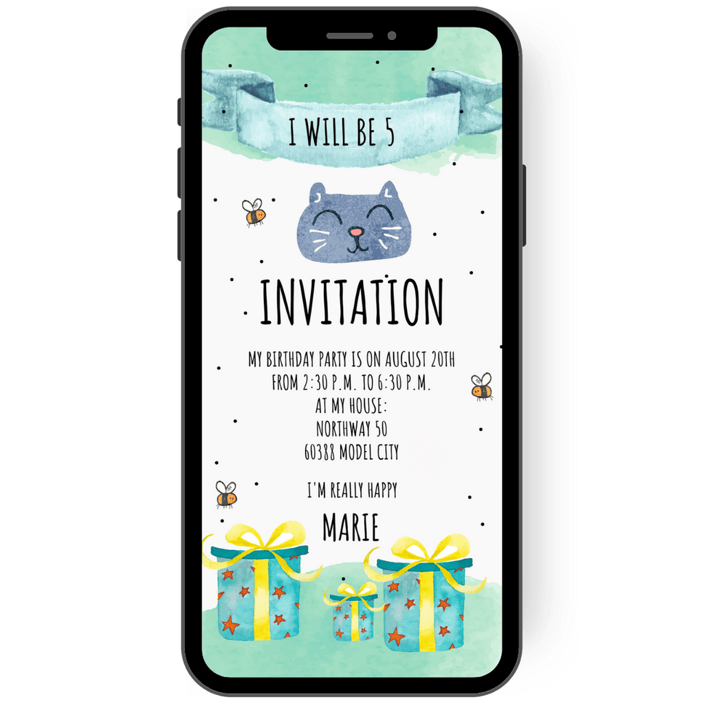 Invitation card with a cat with a little bee buzzing around its nose. Presents - which of course also belong to a children's birthday party - are also shown on the card. Color: mint green - watercolor