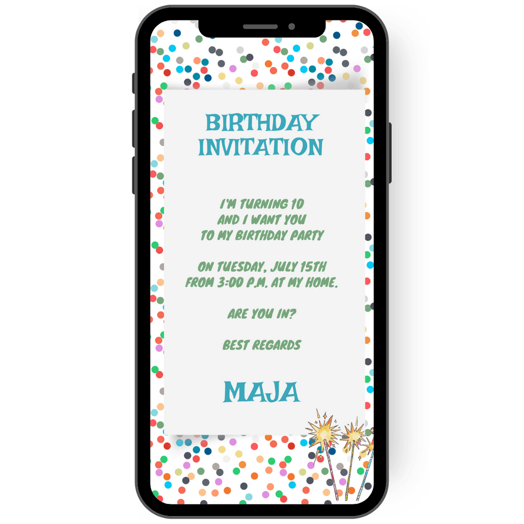 Colorful confetti invitation for a birthday. Many dots in different colors invite to birthday