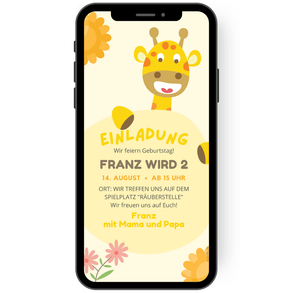 Gelb ist die dominierende Farbe dieser digitalen Einladungskarte für einen Kindergeburtstg. Als Motive sind eine Giraffe, eine Sonne, Blumen und der Einladungstext auf der Einladung. 