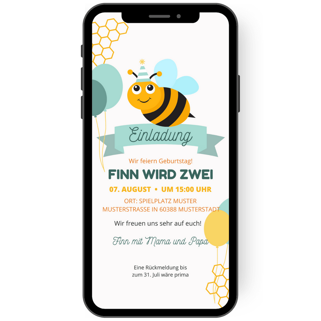 Digitale Einladung zum Kindergeburtstag mit kleiner Biene und hellen Farben und bunten Ballons