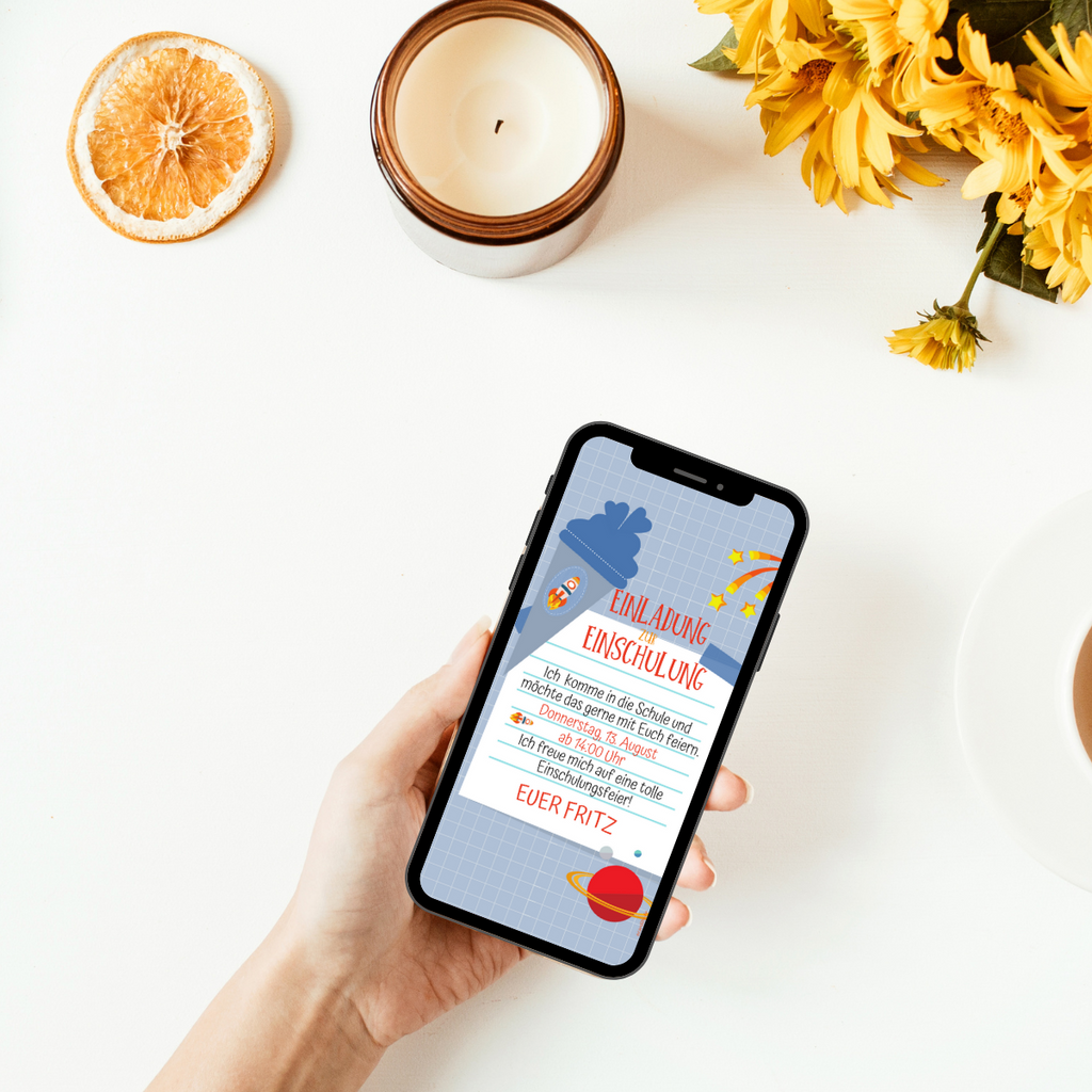 Einladungskarte als eCard zur Einschulung, mit whatsapp versenden