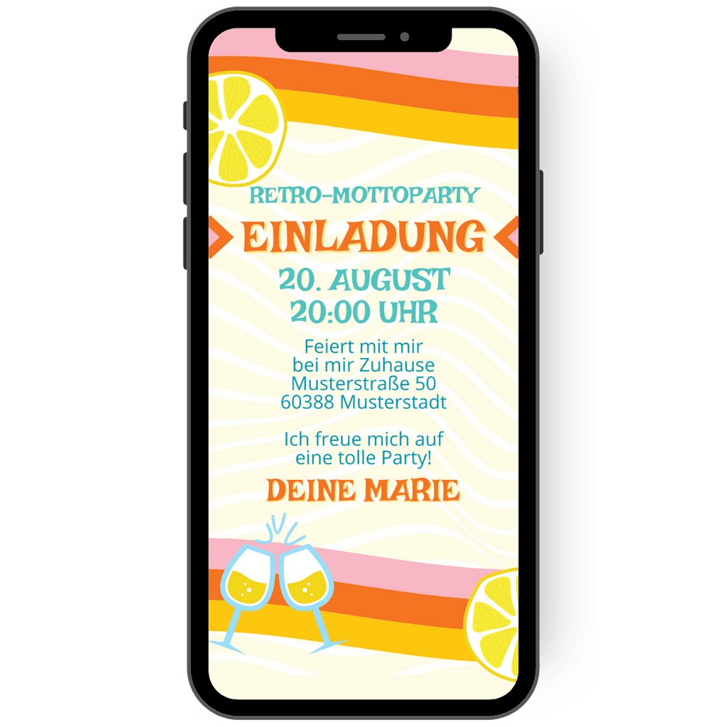 Orange, Gelb, Zitrone: Einladungskarte mit frisch-fruchtigem Design für einen Geburtstag oder eine Party