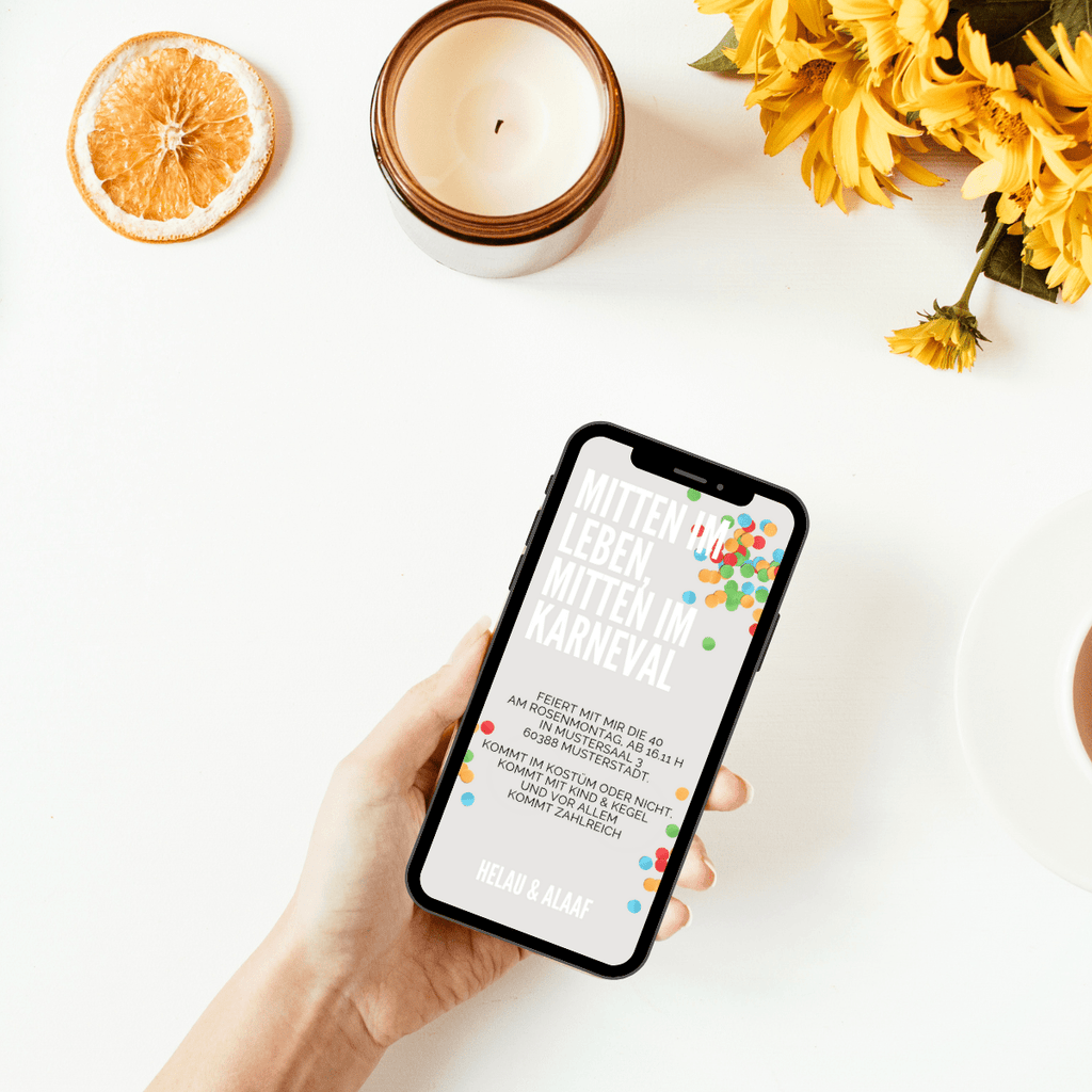 Ein Kalenderblatt mit eingekreistem Datum, drumherum buntes Konfetti: Es gibt einen Grund zu feiern - mit dieser Einladung ist das Datum klar. Save the date