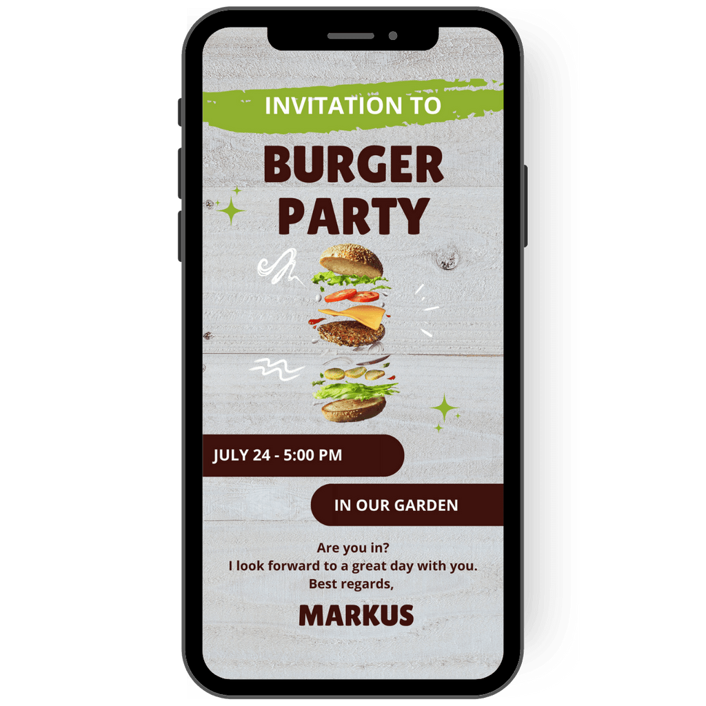 Great invitation card for a barbecue party that you can send online with whatsapp. A delicious burger invites you to a barbecue party.