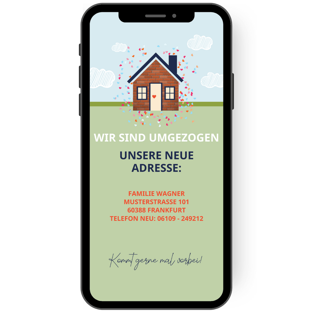Einladungskarte zum Richtfest und Einweihungsfeier. Karte in grün mit kleinem Haus aus Backstein und kleinen Herzen.