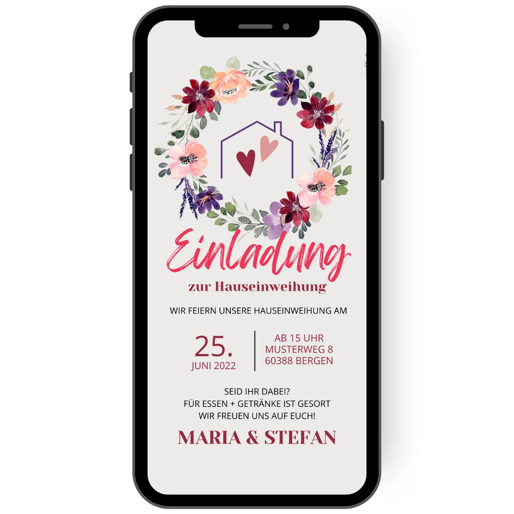 Einladungskarte zur Hauseinweihung mit rotem Blumenkreis