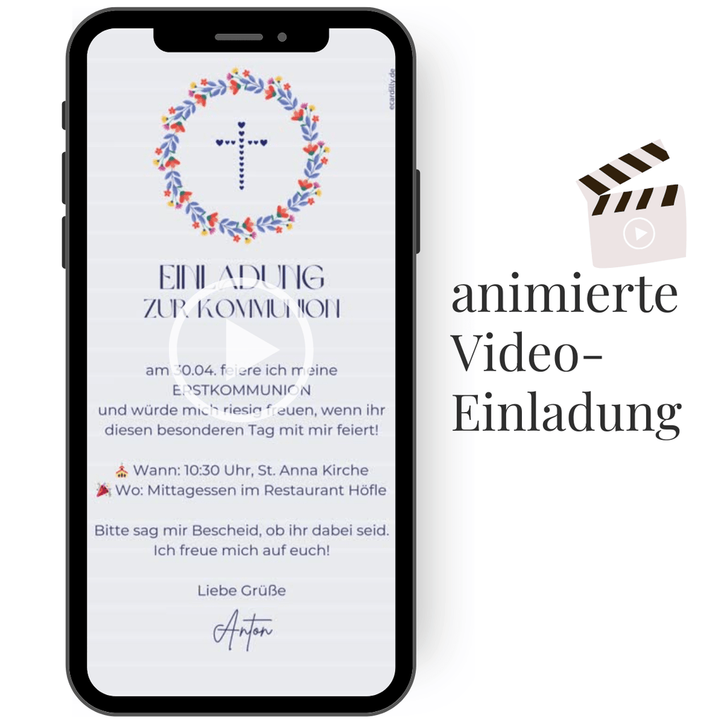Digitale Kommunionseinladung mit Blütenkranz und kleinem Herz, personalisierbar für eine fröhliche und stilvolle Einladung.