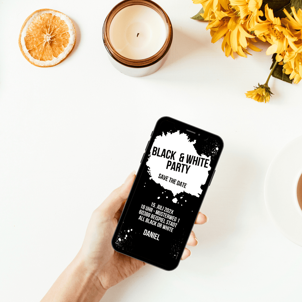 eCard - Black&White Party - Einladungskarte zur Mottoparty - Schwarz und Weiß - 