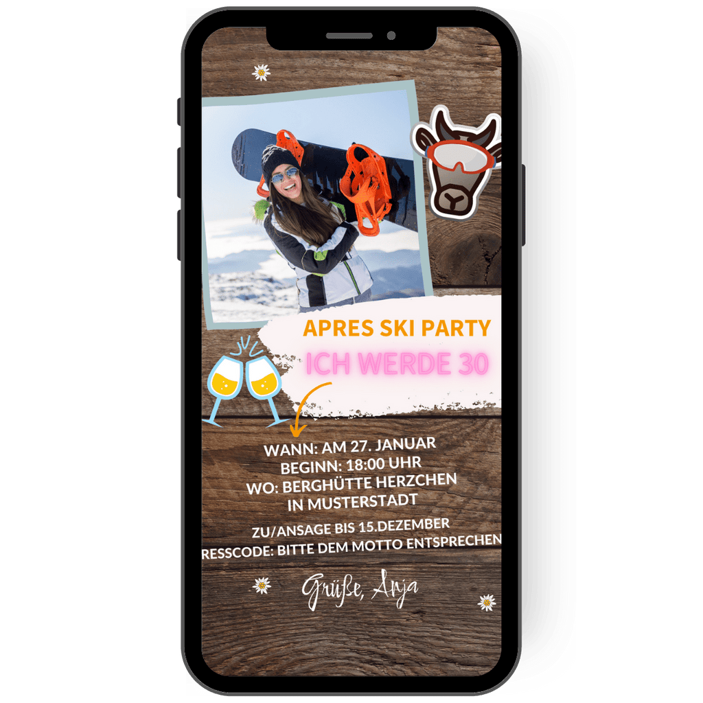 Tolle WhatsApp Einladung zur Mottoparty Apres Ski mit Foto und individuellem Text. Die Einladung hat einen rustikalen Hintergrund in Holzoptik und ist mit einer Schrift in orange, pink und weiss zu gestalten.