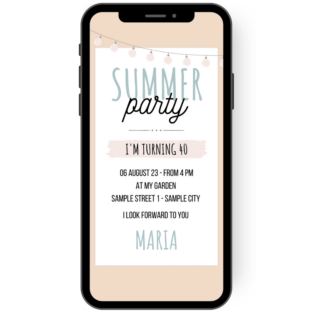 Summer party invitation card in pastel shades and fairy lights