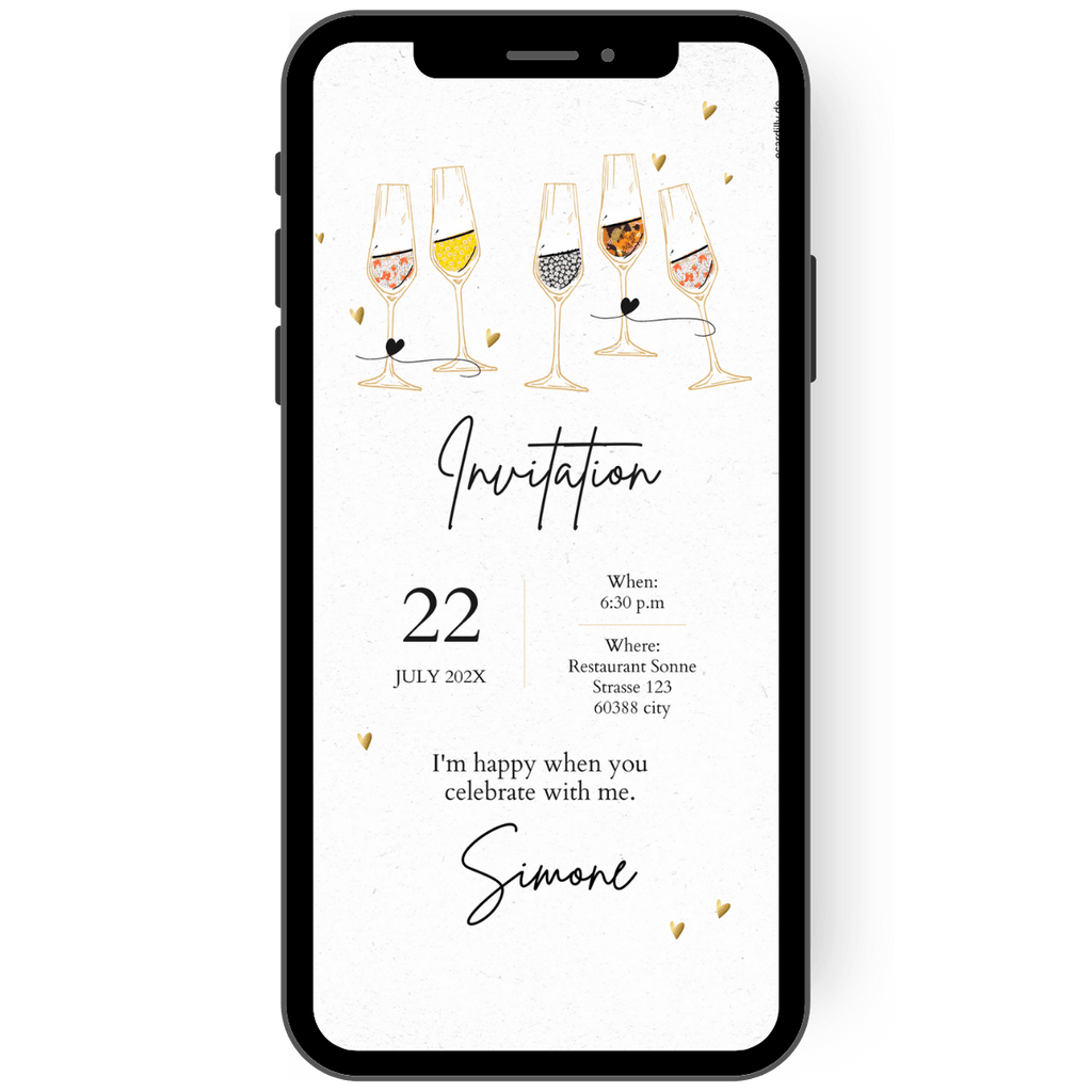 Great digital invitation with light background and champagne glasses with colorful pattern filling.