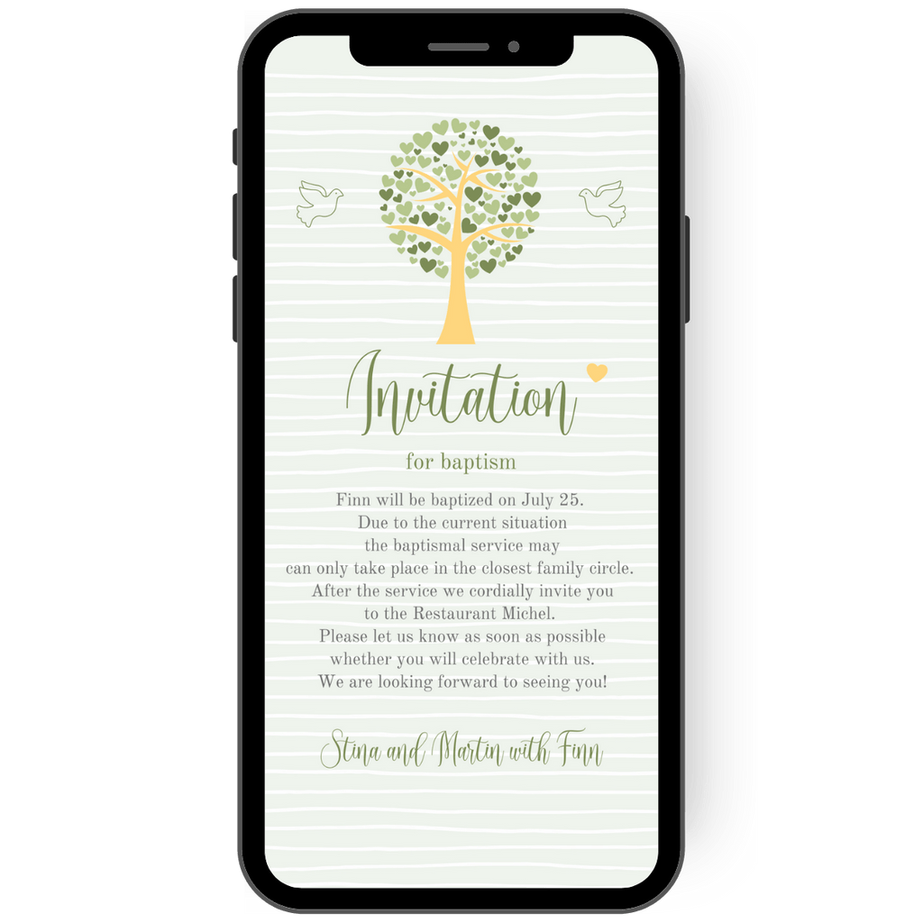 Great invitation to a christening in green with heart tree, doves and hearts