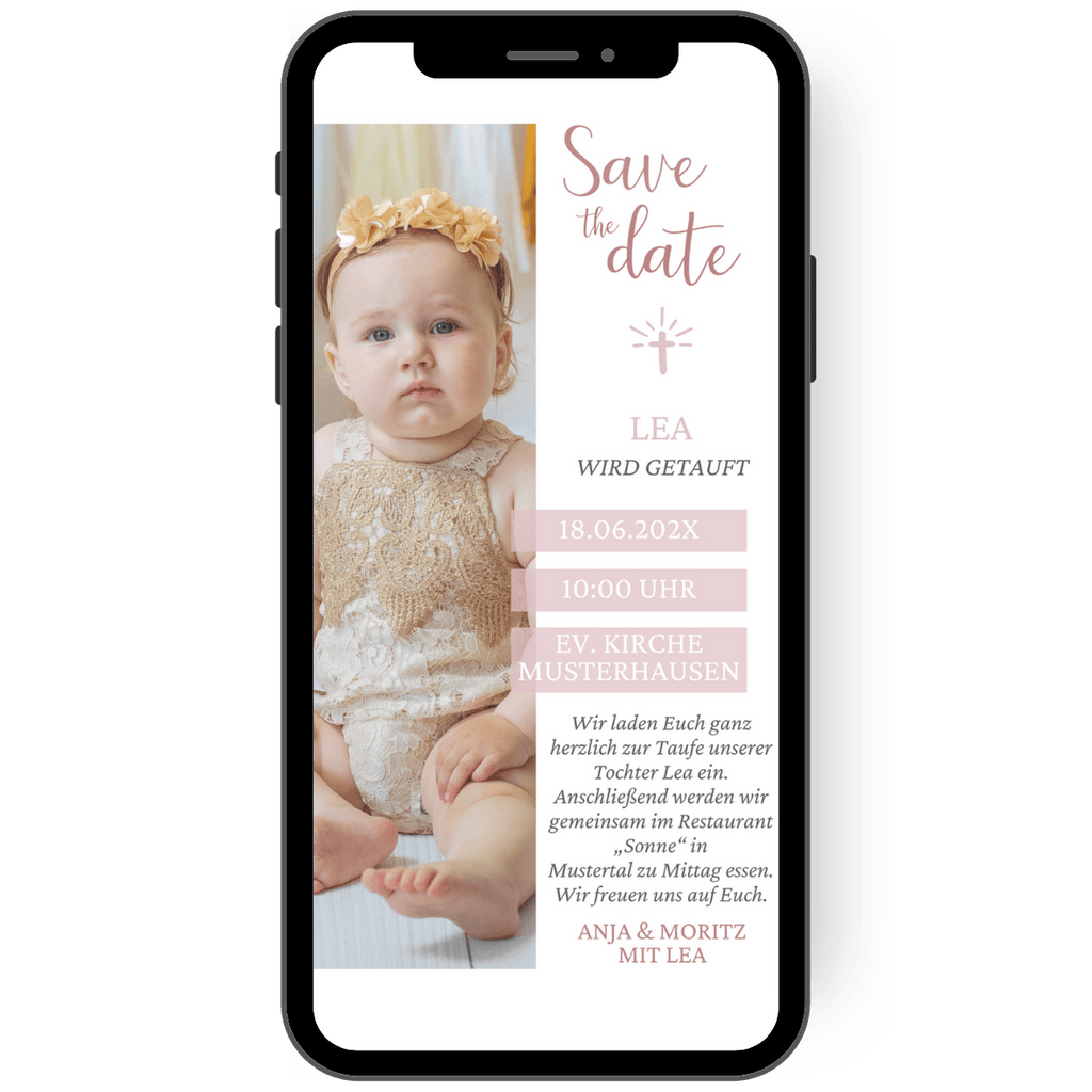 Tolle digitale Taufeinladung mit Foto und Schrift in rosa papierlose digitale Einladung zur Taufe