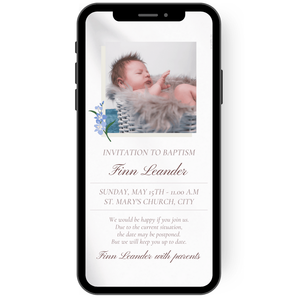 Great invitation to a christening with a child's photo and personalized text in pastel shades and soft brown tones.