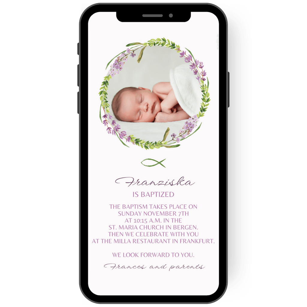 Great christening invitation with photo and lavender wreath in purple and a delicate beige tone.