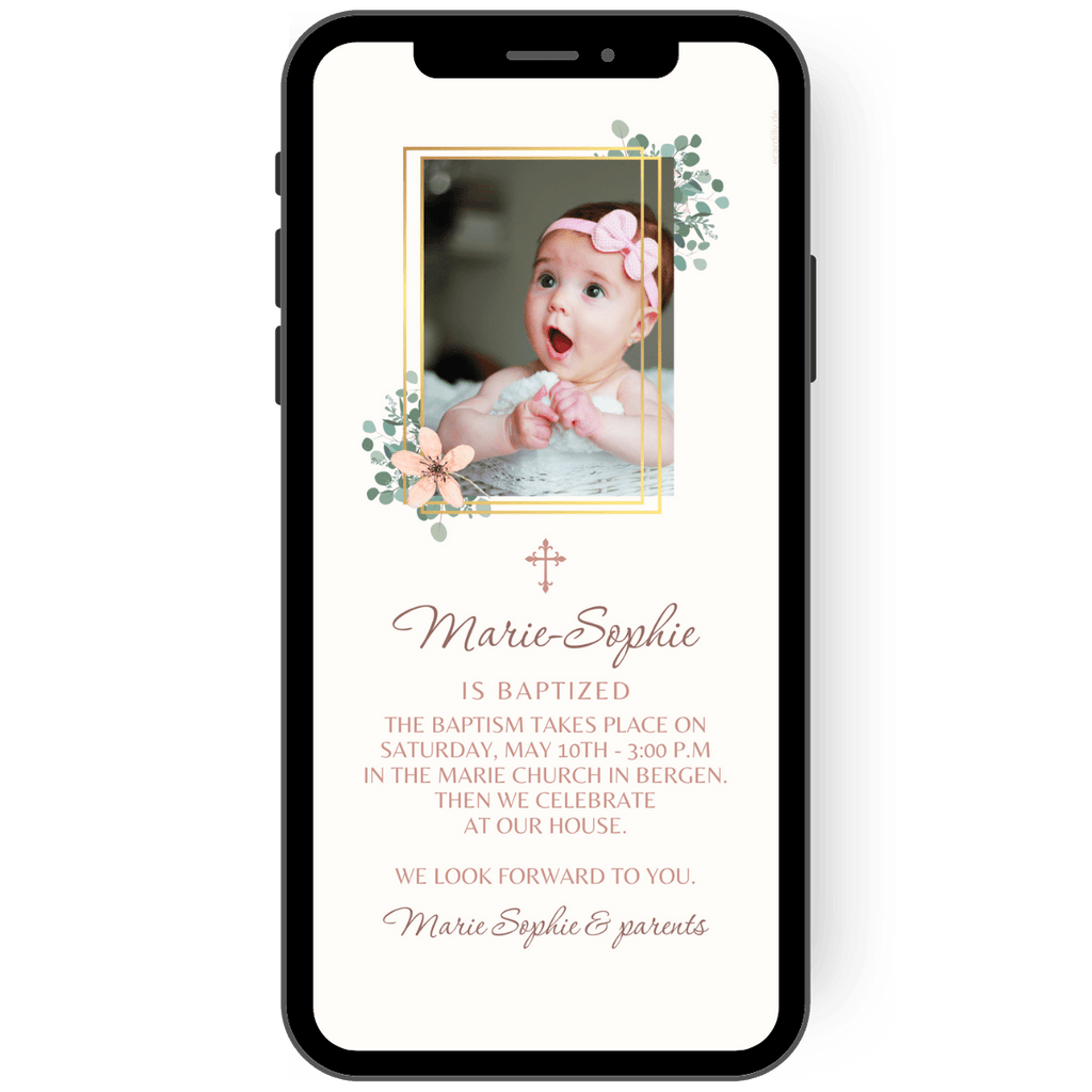 Invitation card for a christening with a picture of the baby in a golden frame decorated diagonally with eucalyptus leaves at two corners. Underneath is a small cross with the child's name and the invitation text for the christening