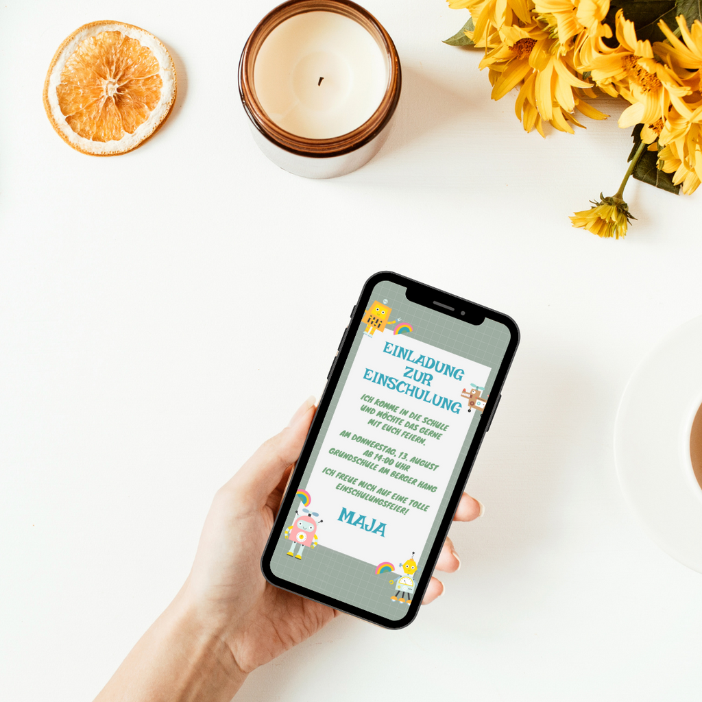 digitale Einladungskarte zur Einschulung - bunte Roboter - Einschulung - eCard - digital - WhatsApp