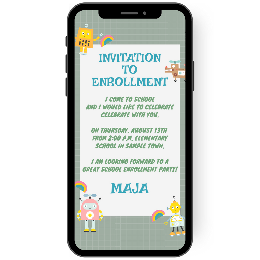 eCard - School enrollment - Invitation to school enrollment party - Green - colorful robots - rainbow