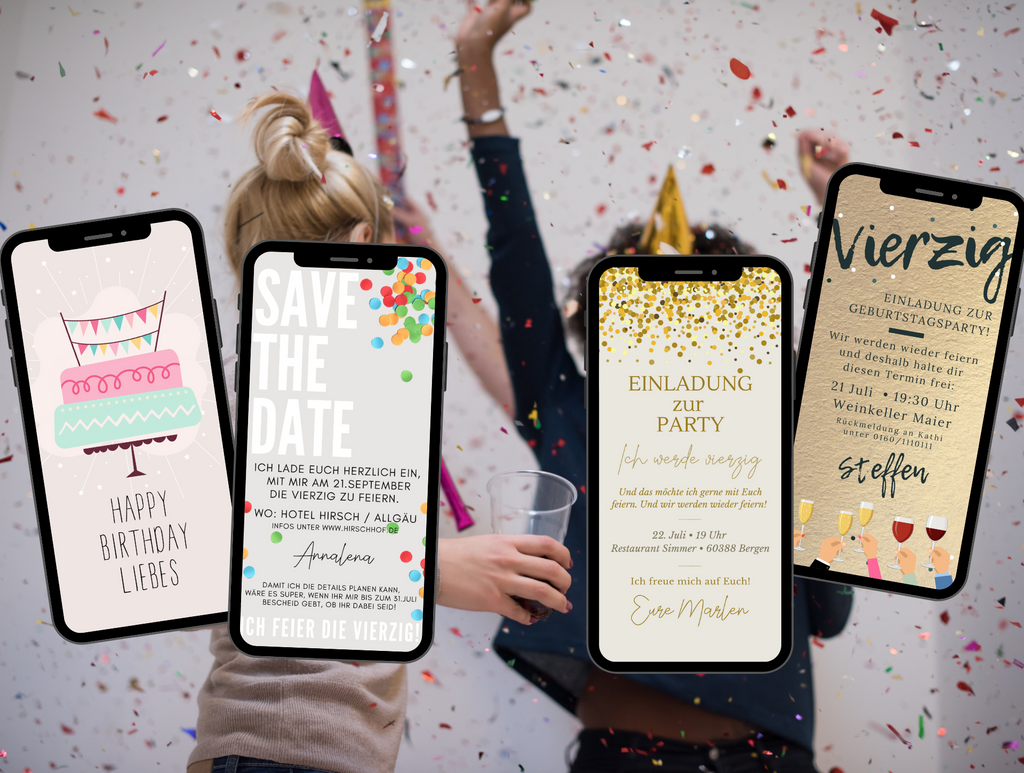 Tolle digitale Einladungen zum Geburtstag oder Geburtstagseinladungen mit Konfetti, Glitter und Geburtstagskuchen. Eine eCard die du ganz leicht mit deinem Smartphone versenden kannst.