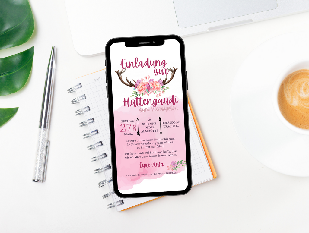 Einladungskarte zum Geburtstag die du digital als Geburtstagseinladung mit deinem Handy versenden kannst. Die eCard ist rosa-weiss und ist mit Blumen und einem Geweih gestaltet - passend zu einer Mottoparty oder Hüttengaudi.