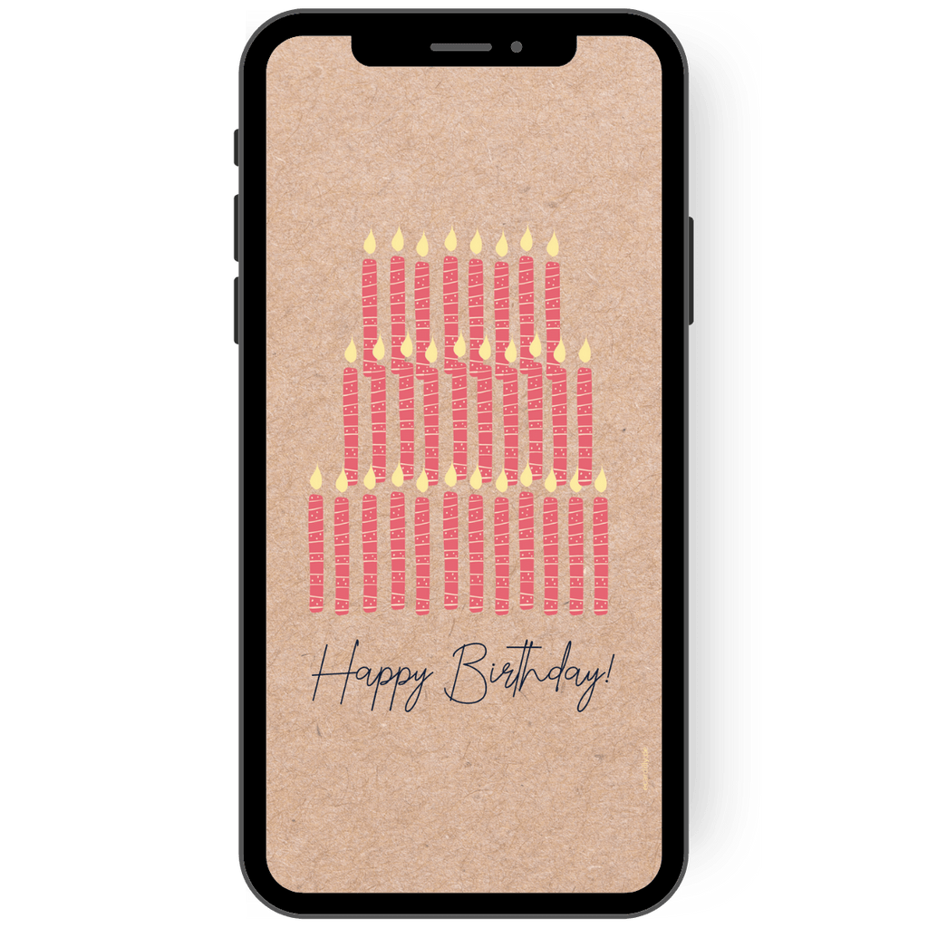 Tolle Karte zum Geburtstag. Viele rote Kerzen auf Kraftpapier sagen herzlich: Happy Birthday