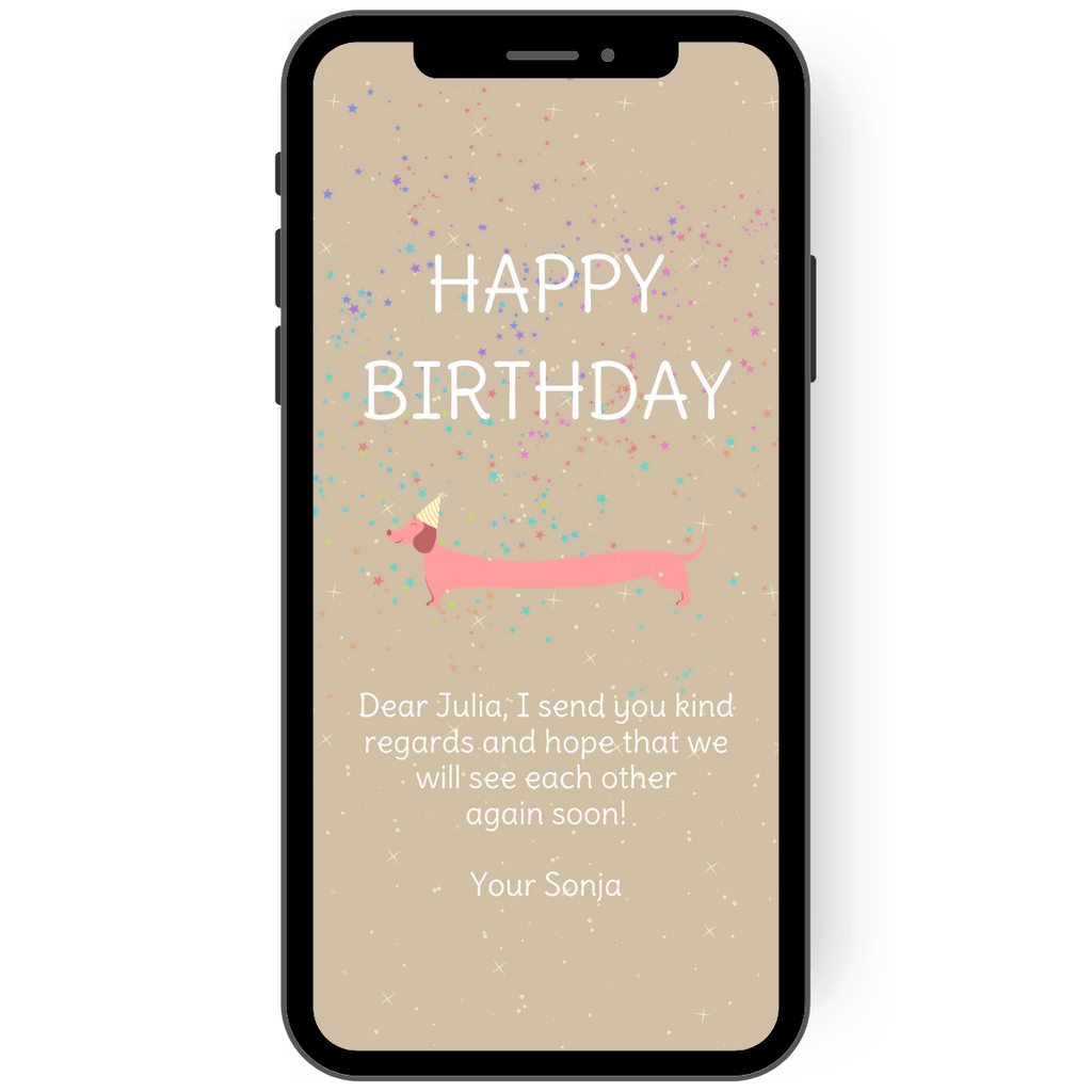Greeting card for birthday with a dachshund in pink and colorful confetti
