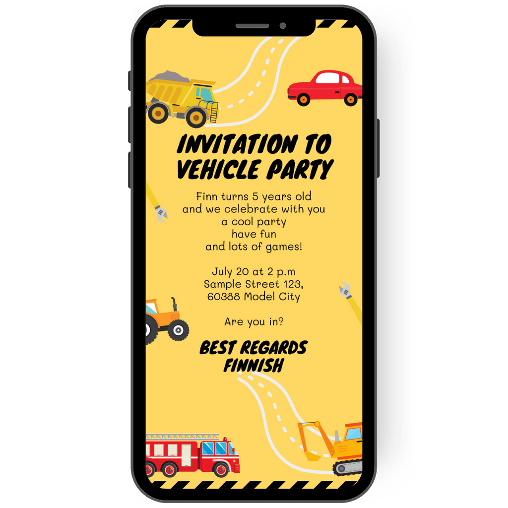 Children's birthday invitation card in yellow with lots of great vehicles such as diggers, tractors, cars and fire engines. Digital invitation card as eCard