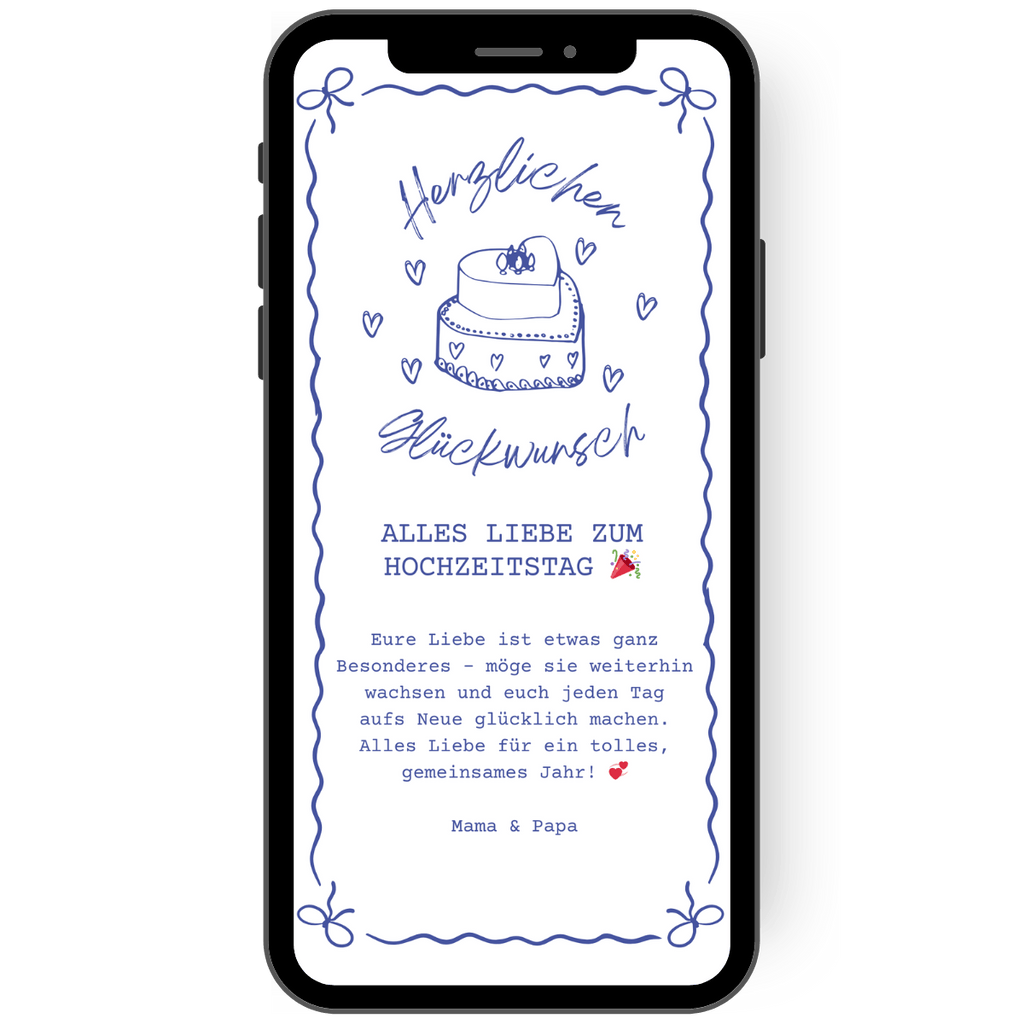Digitale Glueckwunschkarte zum Hochzeitstag in blau mit Schleife und Torte