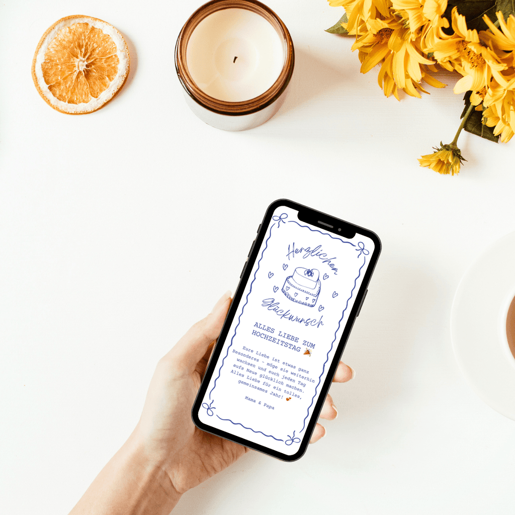 Digitale Glueckwunschkarte zum Hochzeitstag in blau mit Schleife und Torte